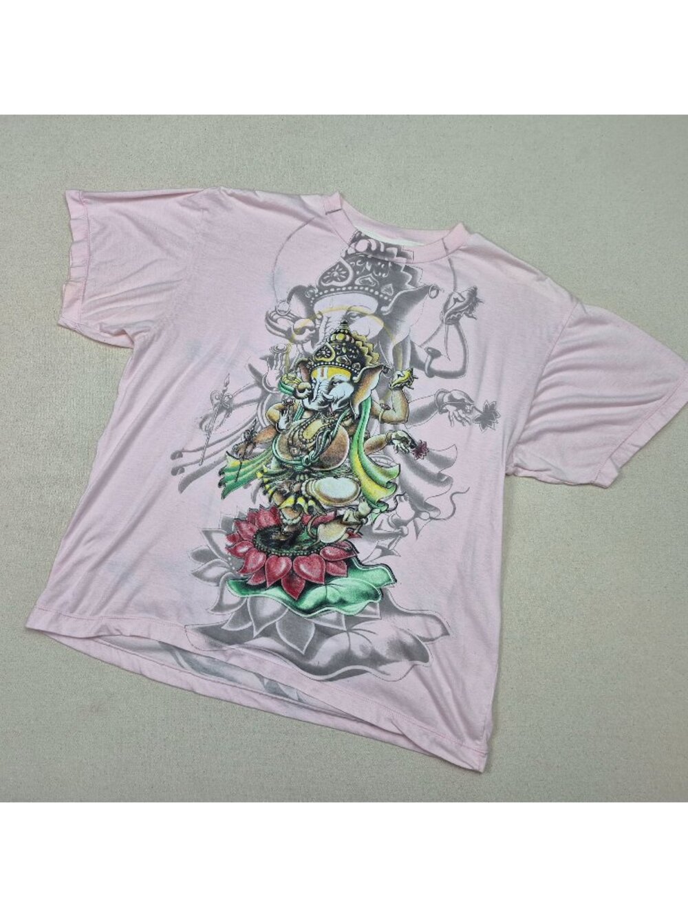 Lord Ganesha Hindu God Elephant Short Sleeve Pink T-Shirt Men Sz L Y2K VINTAGE